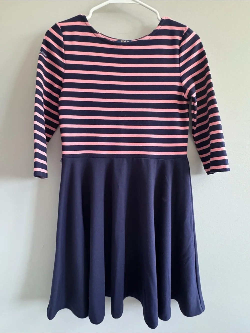 Polo Ralph Lauren Girls XL 16 Navy Pink Striped Fit & Flare Dress